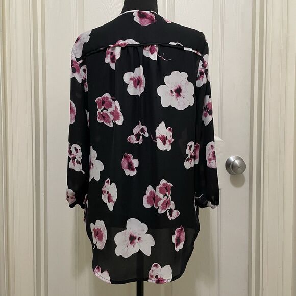 Violet + Claire Semi Sheer Blouse Black Floral 3/4 Sleeve Women's Medium M - Picture 2 of 7